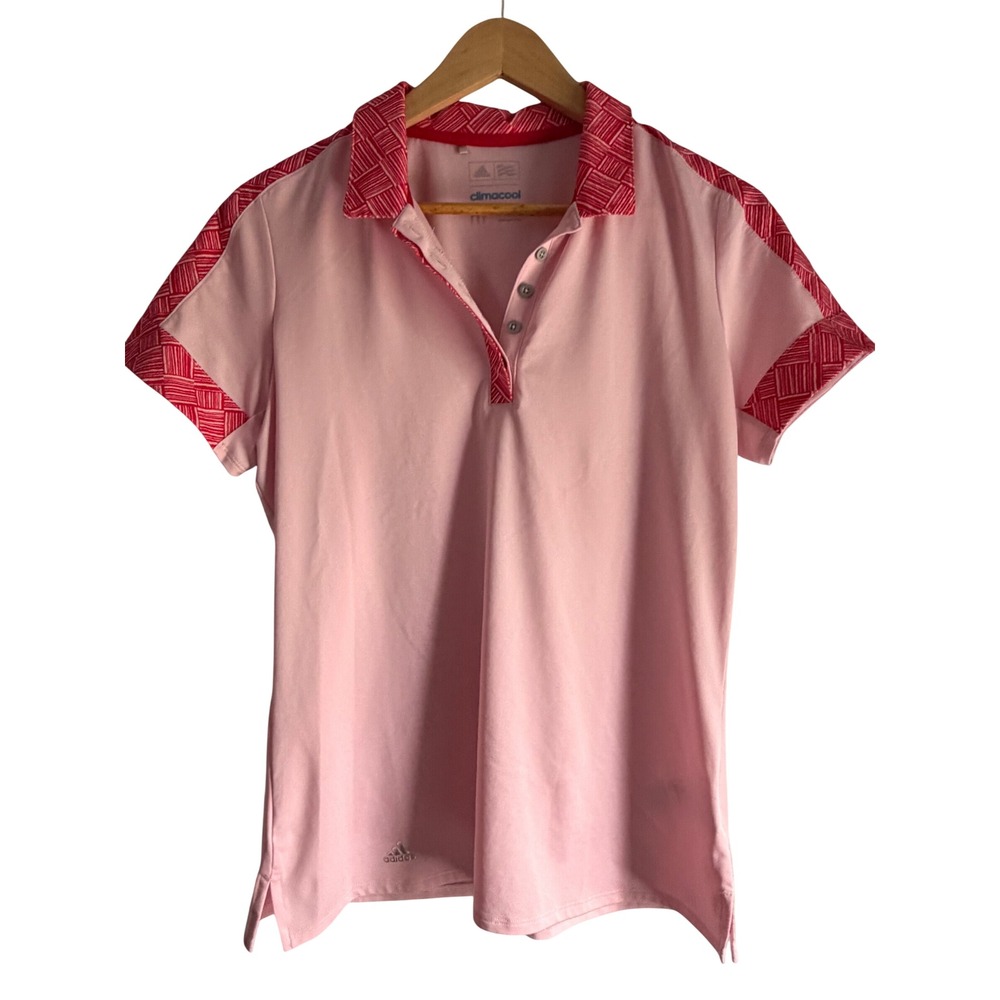Adidas Womens Climacool Golf Polo Shirt Pink Red Geometric Pattern Size M